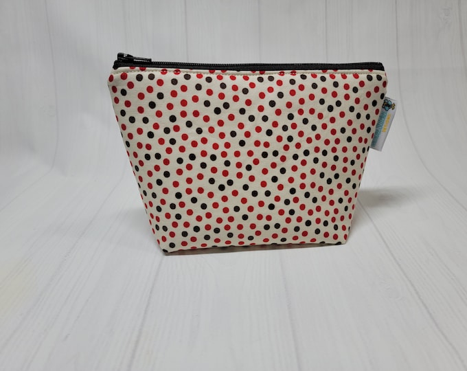 Brown/Red Poka Dots Small Zippered Notions Pouch, Mini Wedge Bag, Knitting Notions Pouch, Craft Pouch NP101