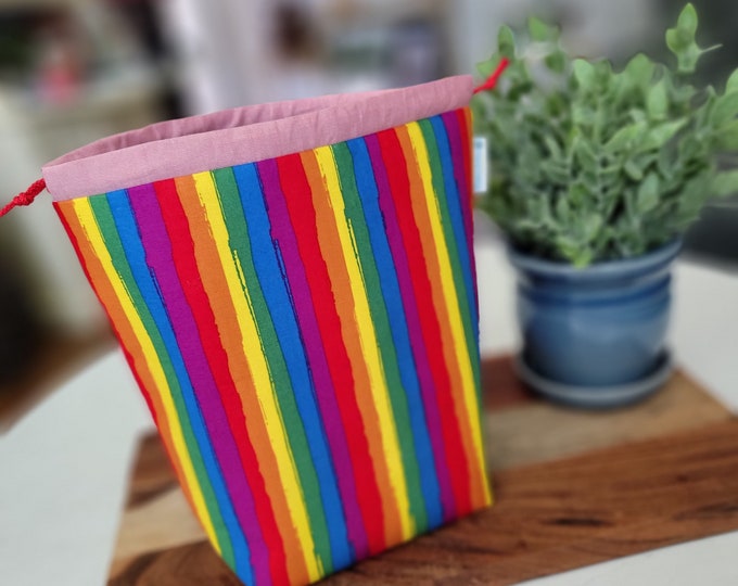Gay Pride Rainbow Stripe Drawstring Bag - Medium sized drawstring Knitting Crochet Project Bag - Yarn Caddy Tote DSTS04