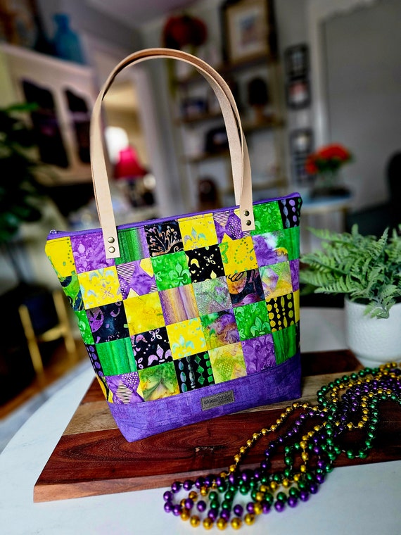 Mardi Gras Patchwork Large Zipper Tote Style Project Bag