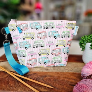 Ice Cream Trucks (with wrist strap) Small Clutch Style Knitting Crochet Project Bag, small zipper tote, sock sack, makeup bag WS120A