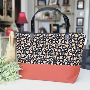 Forest Mushrooms (leather handles) - Large Zipper Knitting Project tote bag with adjustable crossbody strap for shawl sweater project WL113L