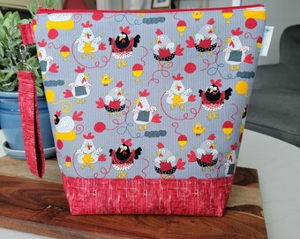 Knitting Chickens -  Medium Knitting Project Bag, Zippered yarn bag project tote - crochet bag - great for large shawl projects WM131