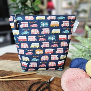 Mini Campers RVs - Small Knitting Project Bag, Clutch Style with zipper, crochet, cosmetics, travel bag WS133