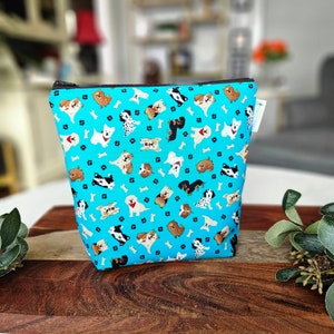 Dog Life, Cute Puppies (Blue) - Small Clutch Style Knitting Crochet Project Bag, small zipper tote, sock sack, cosmetic bag tote WS105