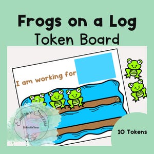 Puede incluir: Un tablero de fichas imprimible que presenta un tronco con tres ranas verdes sentadas encima. El texto "Estoy trabajando para" está en la parte superior del tablero. Hay 10 fichas de ranas verdes para usar con el tablero.