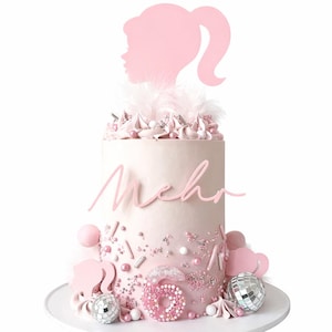 Conjunto de topo de bolo personalizado em acrílico rosa: tema Barbie imagem 1
