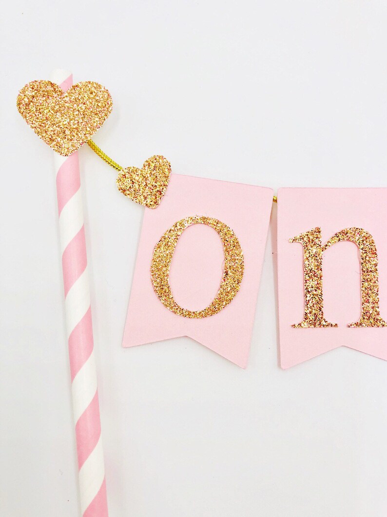 One cake bunting Pink rose gold glitter number one cake topper | Etsy