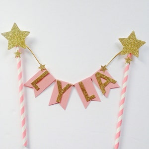 Pink star cake bunting Pink gold glitter name cake topper cust topper, twinkle twinkle little star 1st birthday, pink flower cake topper, image 4