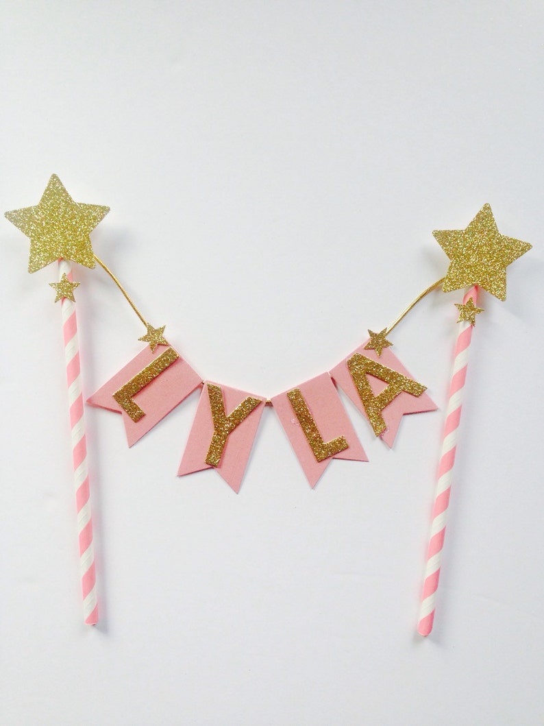 Pink star cake bunting Pink gold glitter name cake topper cust topper, twinkle twinkle little star 1st birthday, pink flower cake topper, image 4