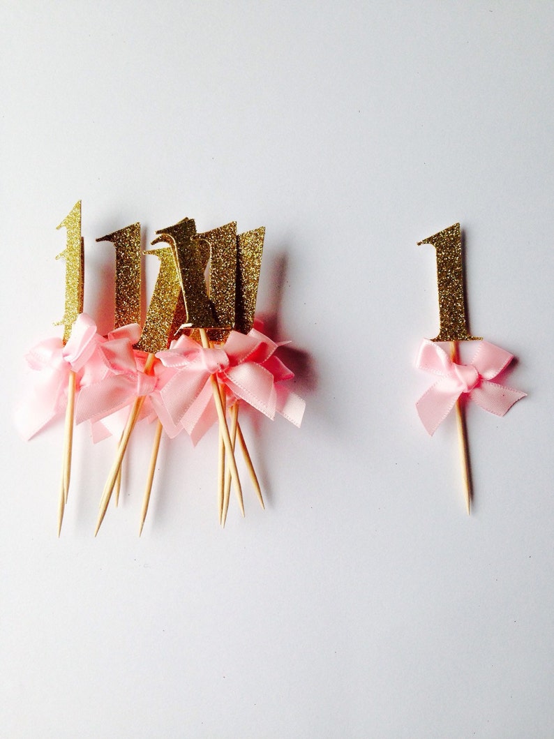 One cupcake toppers Gold glitter & pink number cupcake topper Etsy