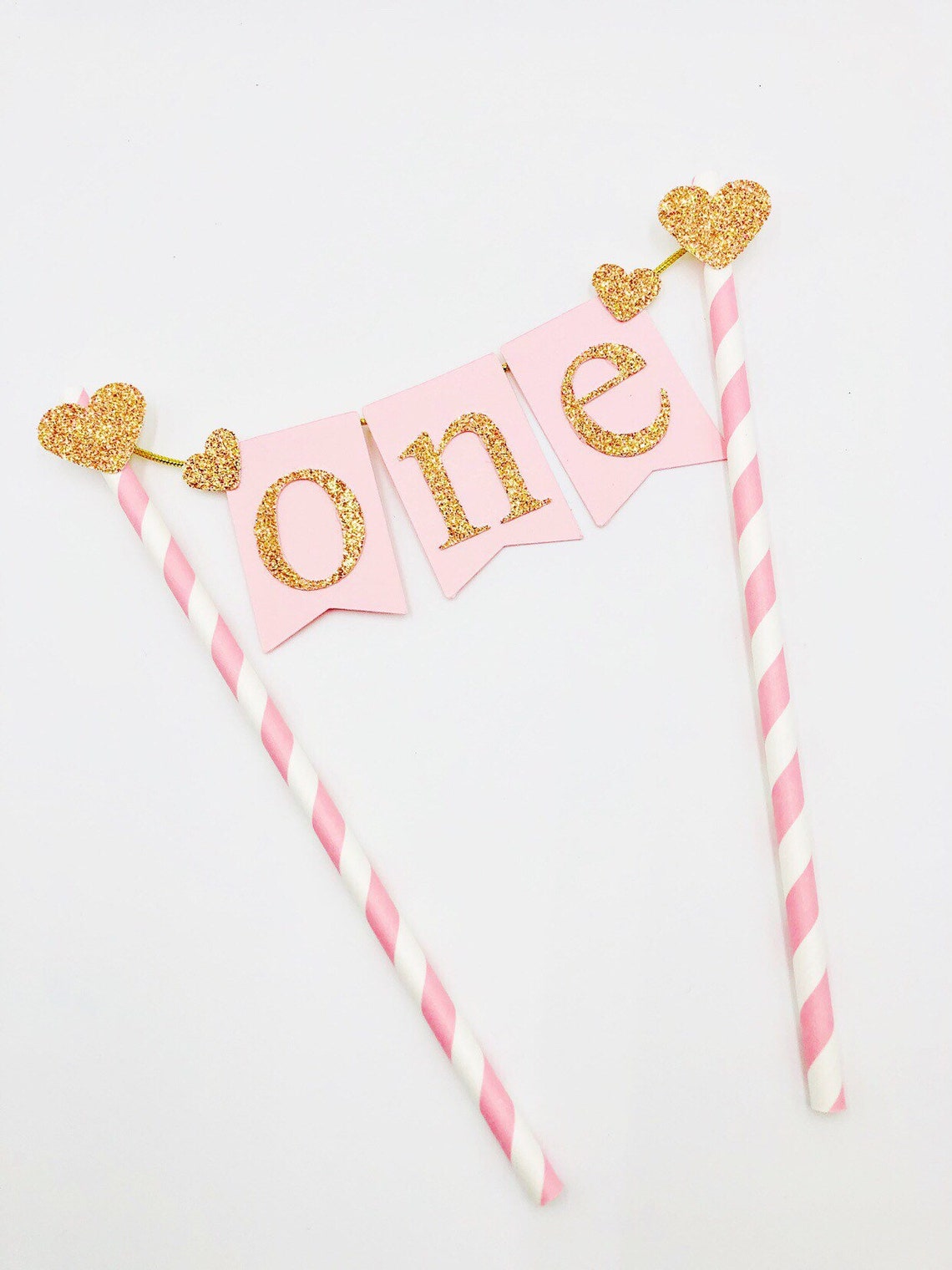 One cake bunting Pink rose gold glitter number one cake topper | Etsy
