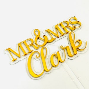 Gold Mirror Acrylic Wedding Cake Charm: Personalized Name Topper
