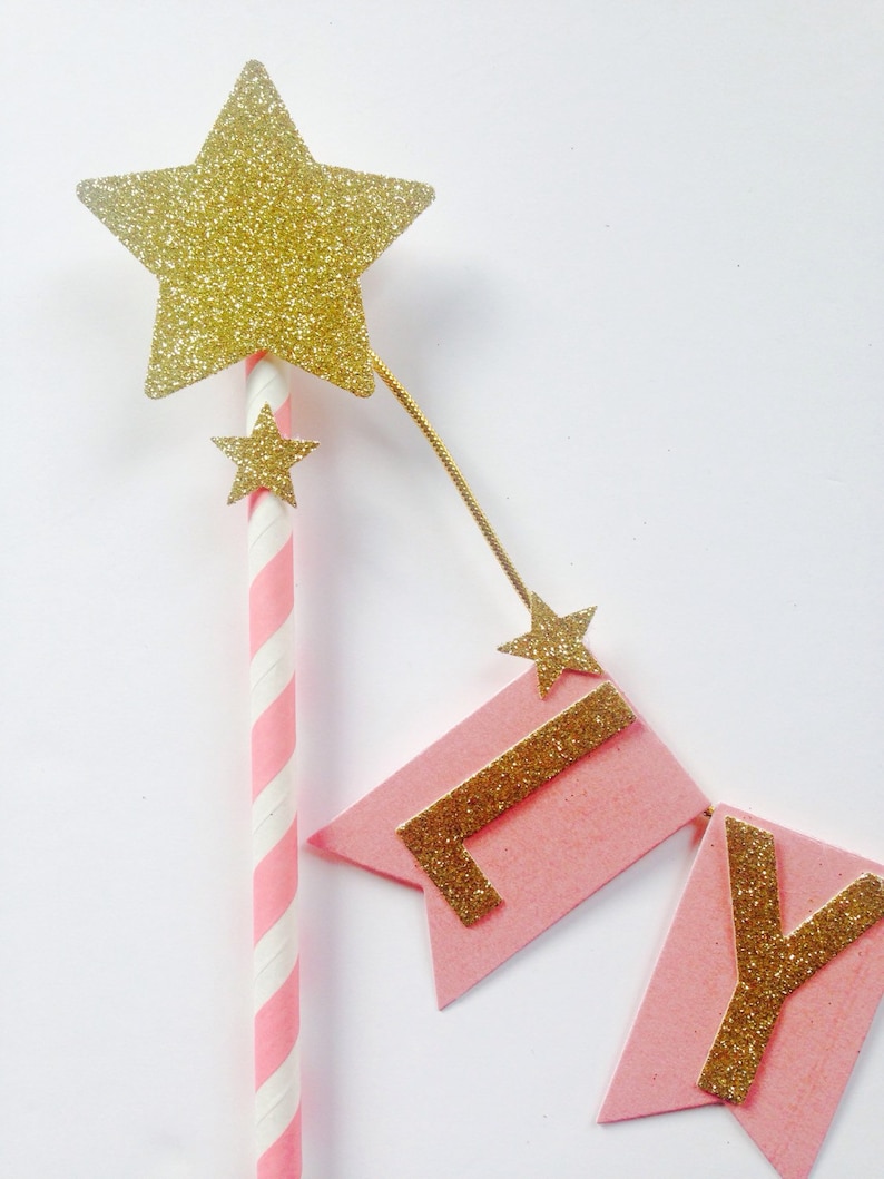 Pink star cake bunting Pink gold glitter name cake topper cust topper, twinkle twinkle little star 1st birthday, pink flower cake topper, image 3