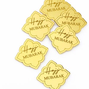 Hajj Mubarak-taartbedel: gegraveerde spiegel acryl cadeaulabel