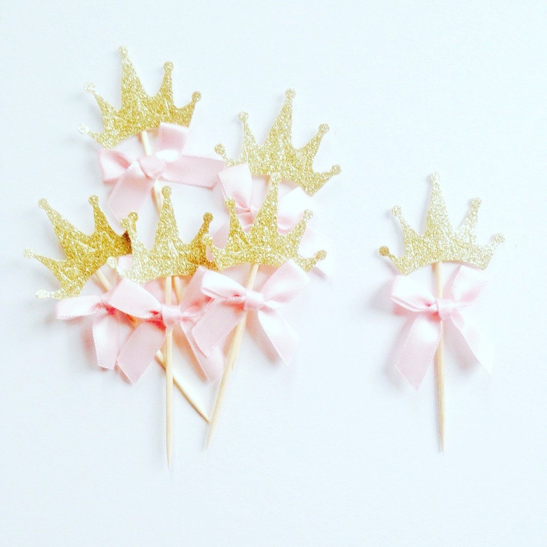 Gold Glitter Crown Cupcake Topper With Pink Bow. 1st Birthday, Princes ...