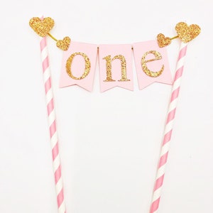 One cake bunting Pink rose gold glitter number one cake topper | Etsy