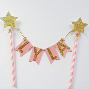 Pink star cake bunting Pink gold glitter name cake topper cust topper, twinkle twinkle little star 1st birthday, pink flower cake topper, image 2