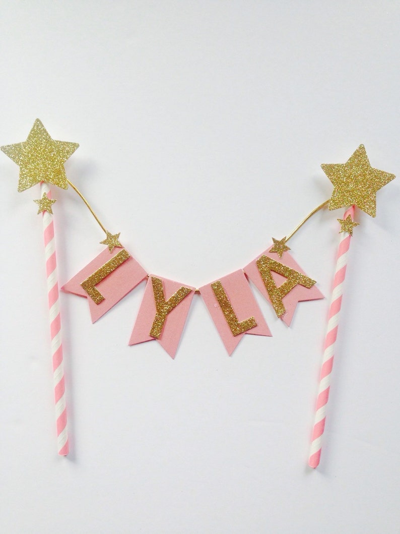 Pink star cake bunting Pink gold glitter name cake topper cust topper, twinkle twinkle little star 1st birthday, pink flower cake topper, image 2