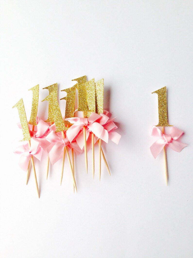 One cupcake toppers Gold glitter & pink number cupcake topper Etsy