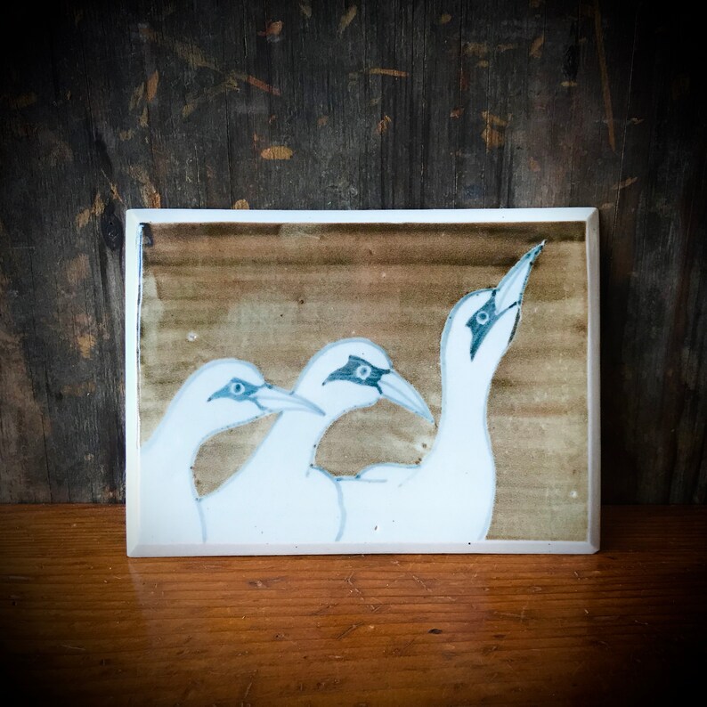 Chris Kroupa Studio Pottery Stoneware Tile Plaque Trivet Three Cranes Washington Pottery