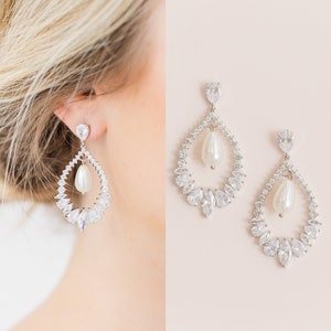 Pearl Drop Bridal Earrings Silver Wedding Earrings, Pearl Wedding Earrings For Brides Rose Gold Crystal Bridal Jewelry, Carmela