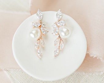 Crystal Pearl Wedding Earrings, Drop Pearl Bridal Earrings, Rose Gold Silver Pearl Wedding Jewelry  Pearl Bridal Jewelry For Bride, Florence