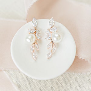 Crystal Pearl Wedding Earrings, Drop Pearl Bridal Earrings, Rose Gold Silver Pearl Wedding Jewelry  Pearl Bridal Jewelry For Bride, Florence