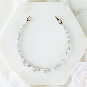 Pearl Wedding Bracelet, Crystal Bridal Bracelet, Silver Floral Pearl Bracelet, Pearl Bridal Jewelry, Bracelet for Bride, Rose Gold, Daphne