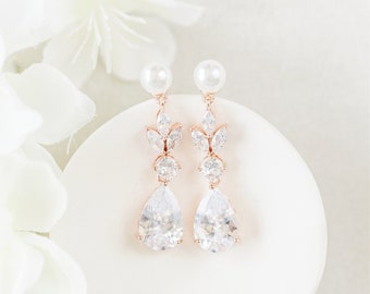 Pearl Wedding Earrings Pearl Drop Bridal Earrings, Pearl Wedding Jewelry, Pearl Bridesmaid Earrings, Earrings for Bride, Rose Gold, Savannah