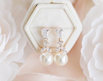 Bridesmaid Earrings Pearl Drop Bridal Earrings Pearl Stud Wedding Earrings For Brides Pearl Bridal Jewelry, Rose Gold, Silver, Presley