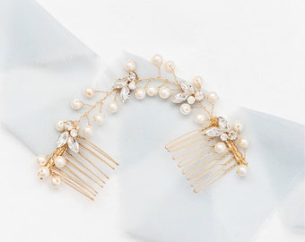 Pearl Wedding Hair Vine Bridal Hair Comb, Gold Bridal Hair Comb, Pearl Bridal Hair Vine, Pearl Floral Hair Comb, Pearl Hair Piece, Iris