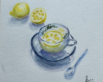 Lemon Tea Painting, 6x6 size original watercolor painting