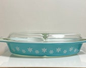 Vintage Pyrex Milk Glass Divided Casserole Dish with Lid Turquoise Snowflake