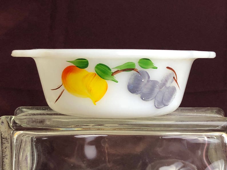 | Hand-Painted BONUS Small Casserole Dish Fire-King by Anchor Hocking Fruit Colonial by Gay Fad Milk Glass Mixing Bowl
