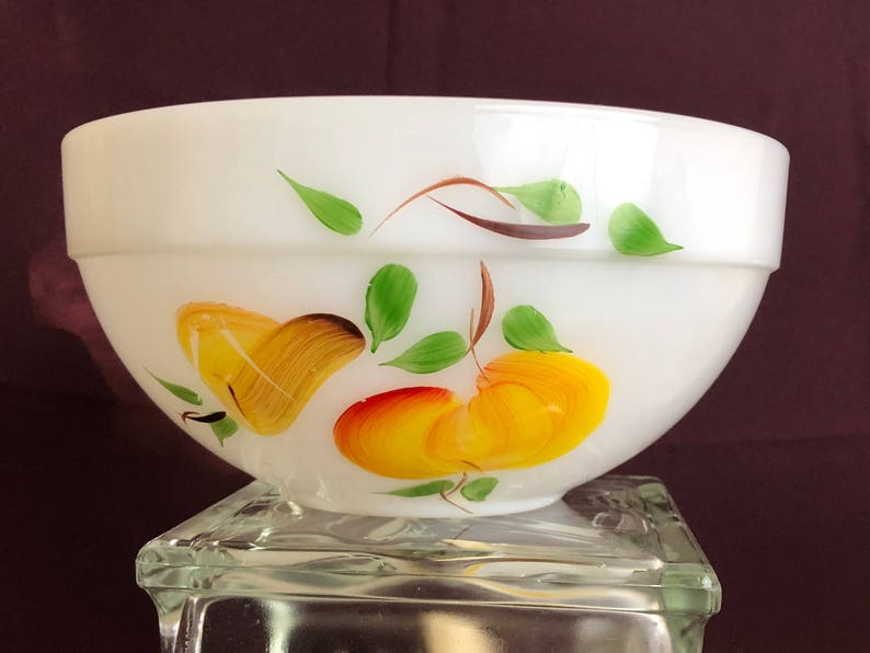 | Hand-Painted BONUS Small Casserole Dish Fire-King by Anchor Hocking Fruit Colonial by Gay Fad Milk Glass Mixing Bowl