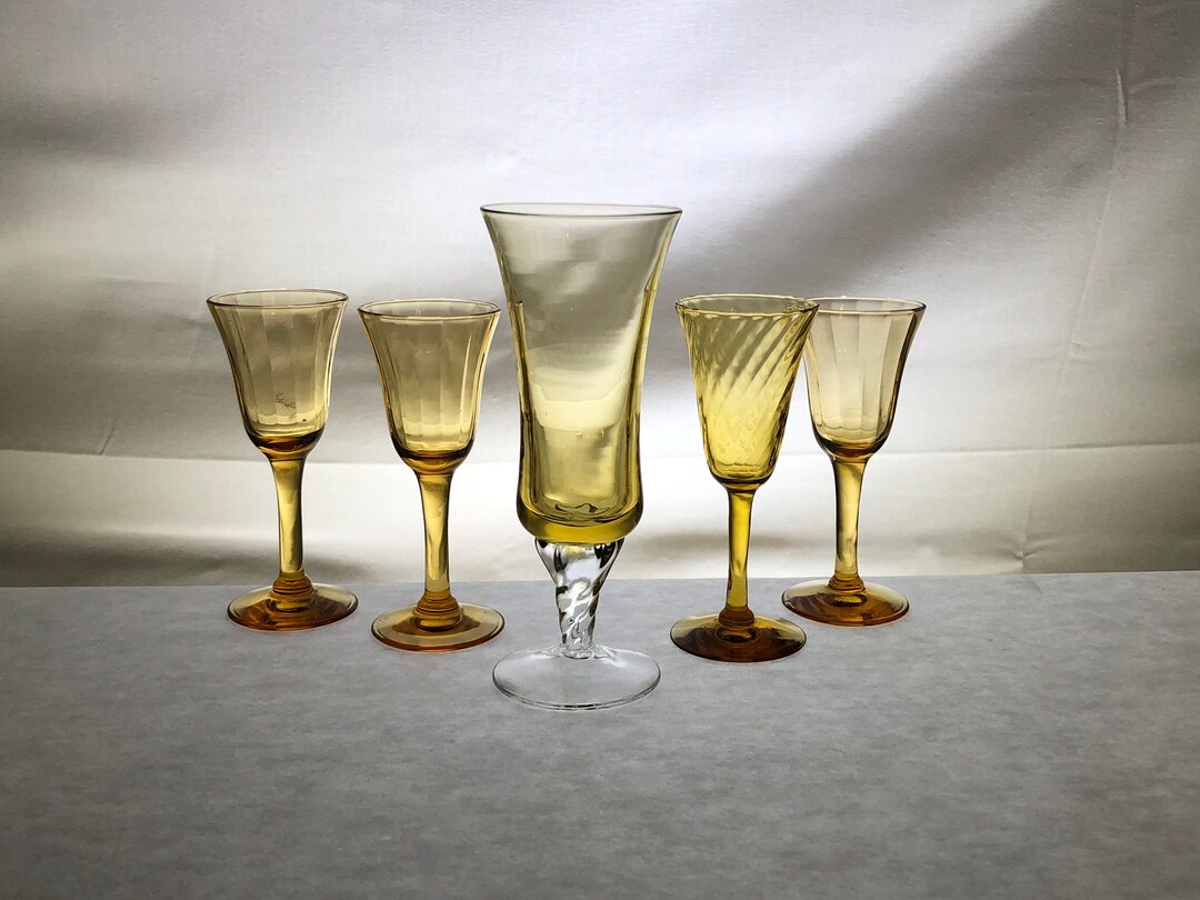 Vintage Cordial Wine Glasses Set of Five Mixed Amber Gold Etsy