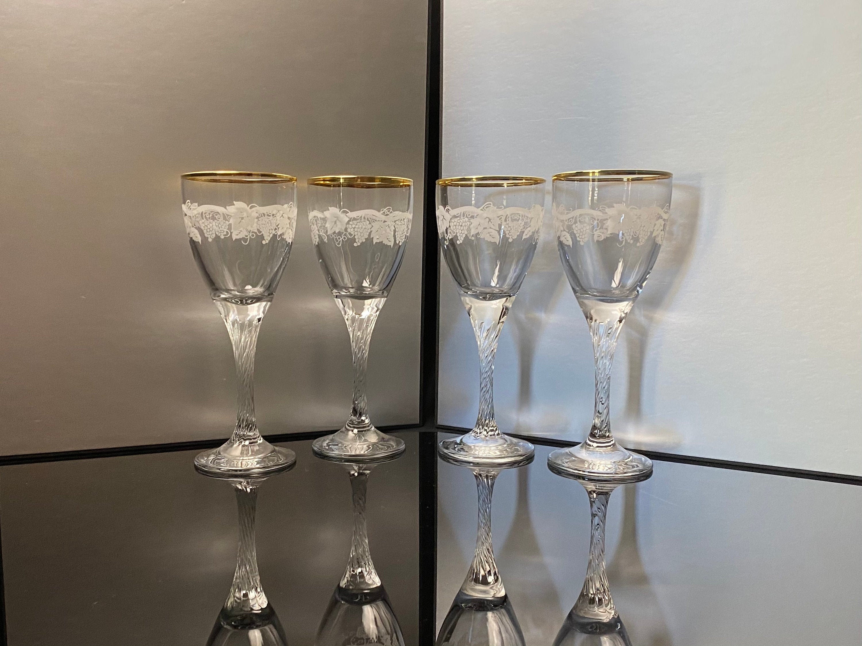 Vintage Gold Rim Wine Glasses White Grapevine twisted stem
