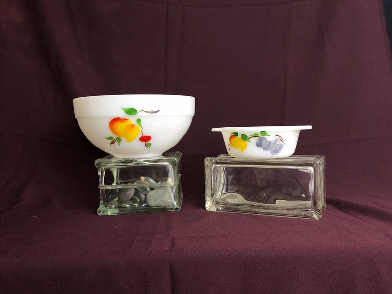 | Hand-Painted BONUS Small Casserole Dish Fire-King by Anchor Hocking Fruit Colonial by Gay Fad Milk Glass Mixing Bowl