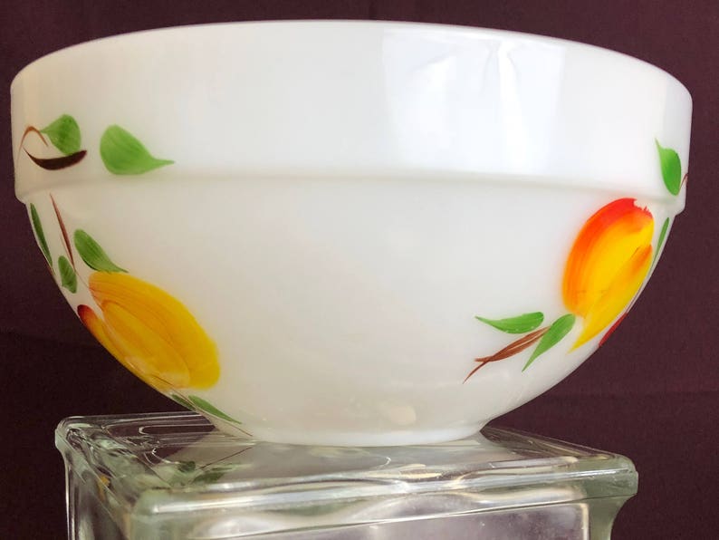 | Hand-Painted BONUS Small Casserole Dish Fire-King by Anchor Hocking Fruit Colonial by Gay Fad Milk Glass Mixing Bowl