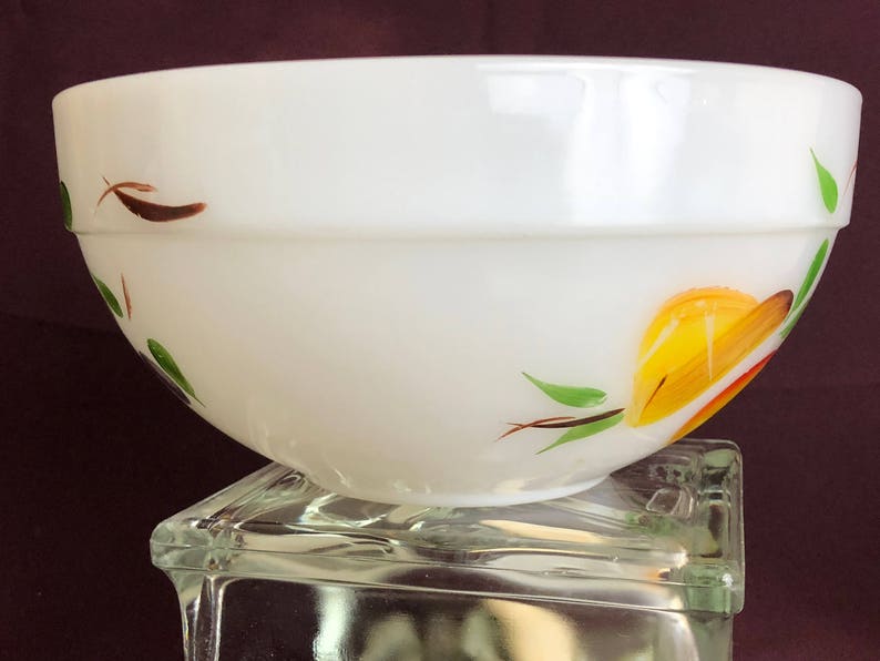 | Hand-Painted BONUS Small Casserole Dish Fire-King by Anchor Hocking Fruit Colonial by Gay Fad Milk Glass Mixing Bowl