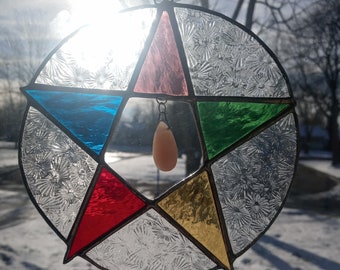Five elements stained glass pentacle with crystal pendant