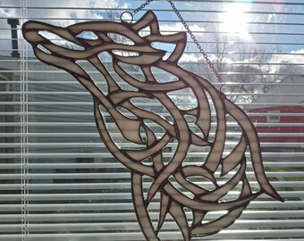 Tribal tattoo Grey wolf stained glass suncatcher