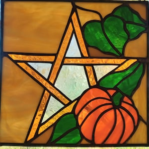 Samhain Pumpkin Pentacle Stained Glass Panel