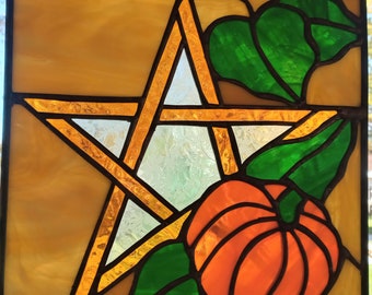 Samhain Pumpkin Pentacle Stained Glass Panel