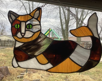 Cat Fish Purrmaid stained glass panel