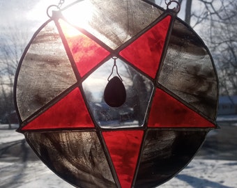 Inverted red pentagram stained glass suncatcher with crystal