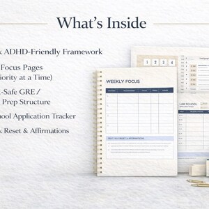 May include: A planner with the text "What's Inside" and bullet points listing features like a 12-week ADHD-Friendly Framework and Law School Application Tracker. Includes a notebook, loose pages, pencils, and a gold pencil holder.