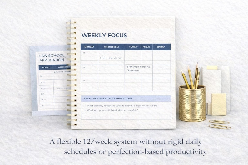 May include: A spiral-bound planner with a weekly focus layout, featuring sections for daily tasks and self-talk affirmations. Includes a separate page for law school applications. Gold pencils and a pen holder are also visible.