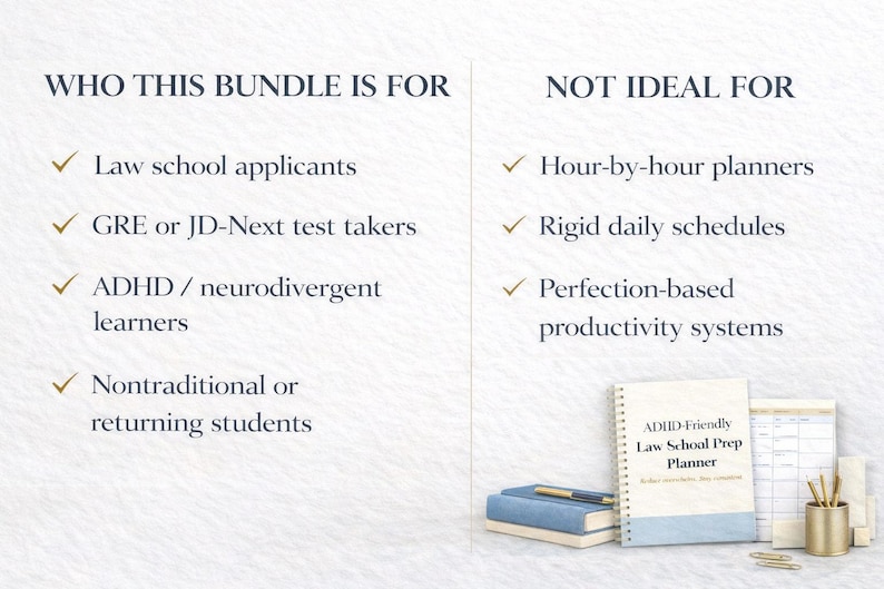 May include: An image with text that reads "WHO THIS BUNDLE IS FOR" and "NOT IDEAL FOR". The image also shows a planner, books, a pen, and a pencil holder. The planner is labeled "ADHD-Friendly Law School Prep Planner".