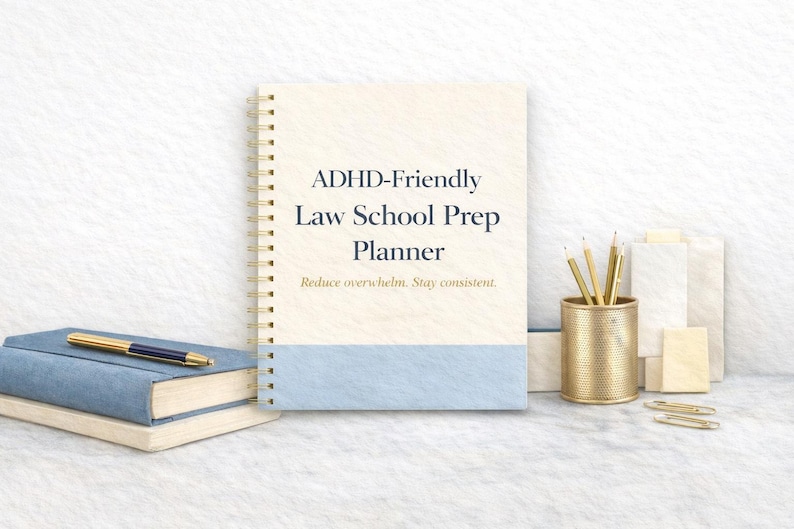 May include: An ADHD-Friendly Law School Prep Planner with a light blue and cream cover, spiral binding, and gold accents. The planner is next to a stack of blue books, a pen, a gold pencil holder with pencils, and paperclips.